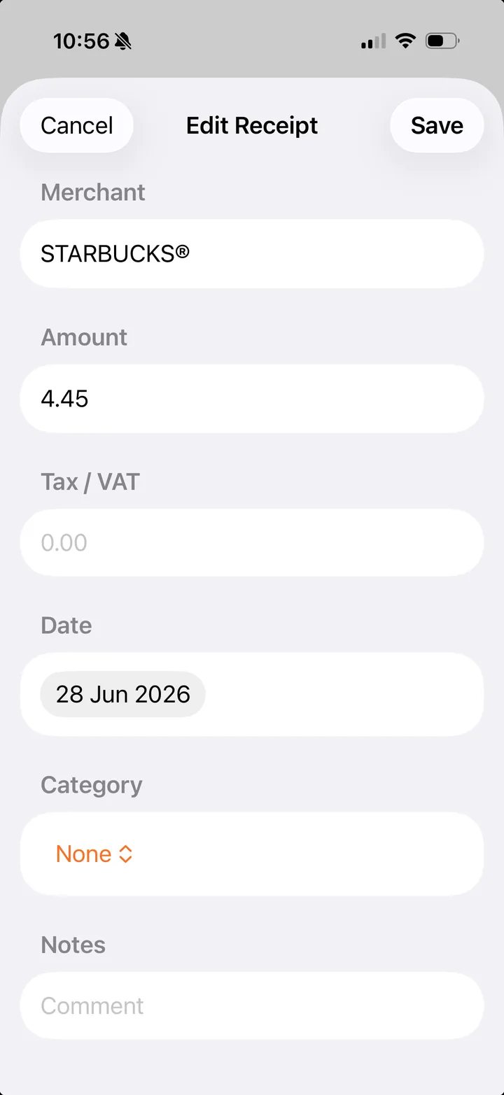 ClearCapture edit receipt screen with merchant, amount, tax, date and category fields