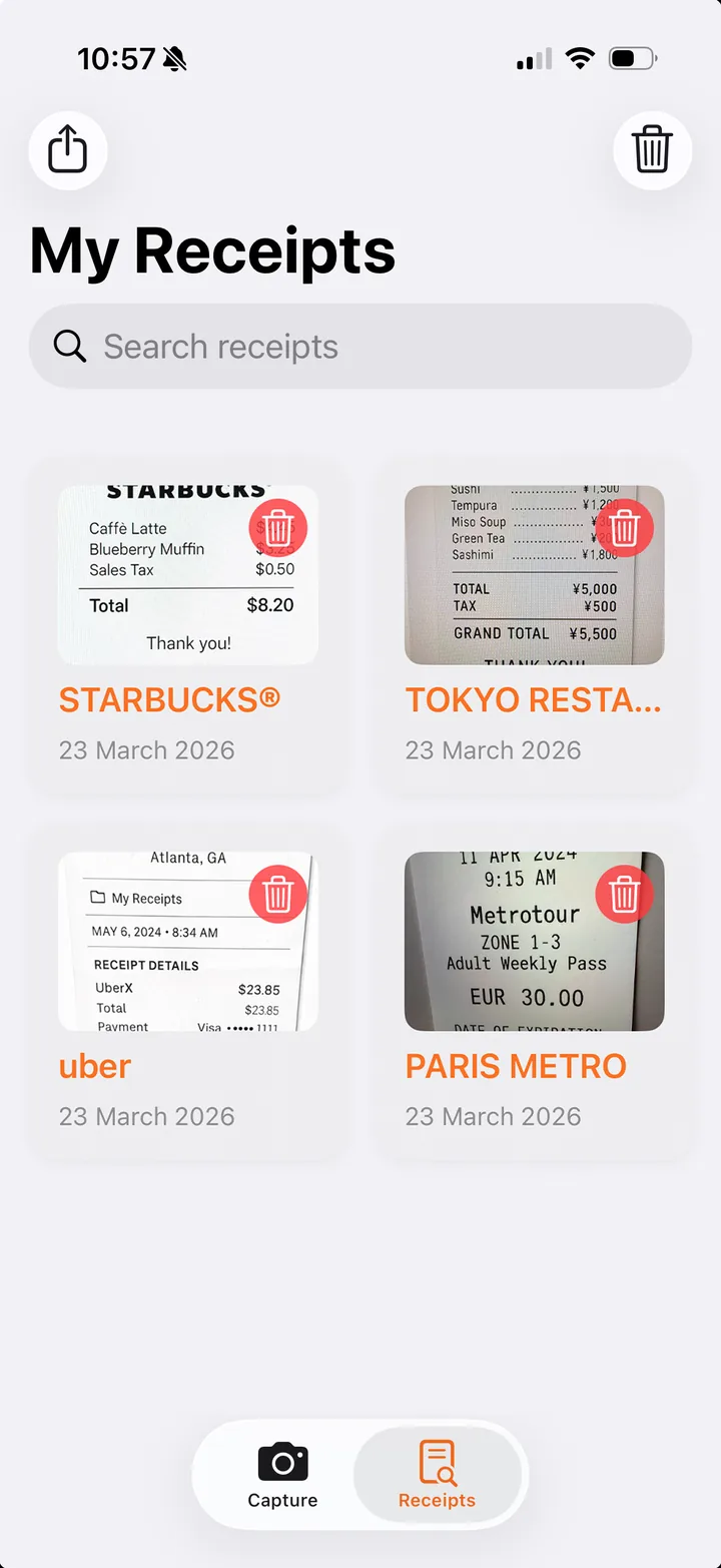 ClearCapture receipts library on iPhone