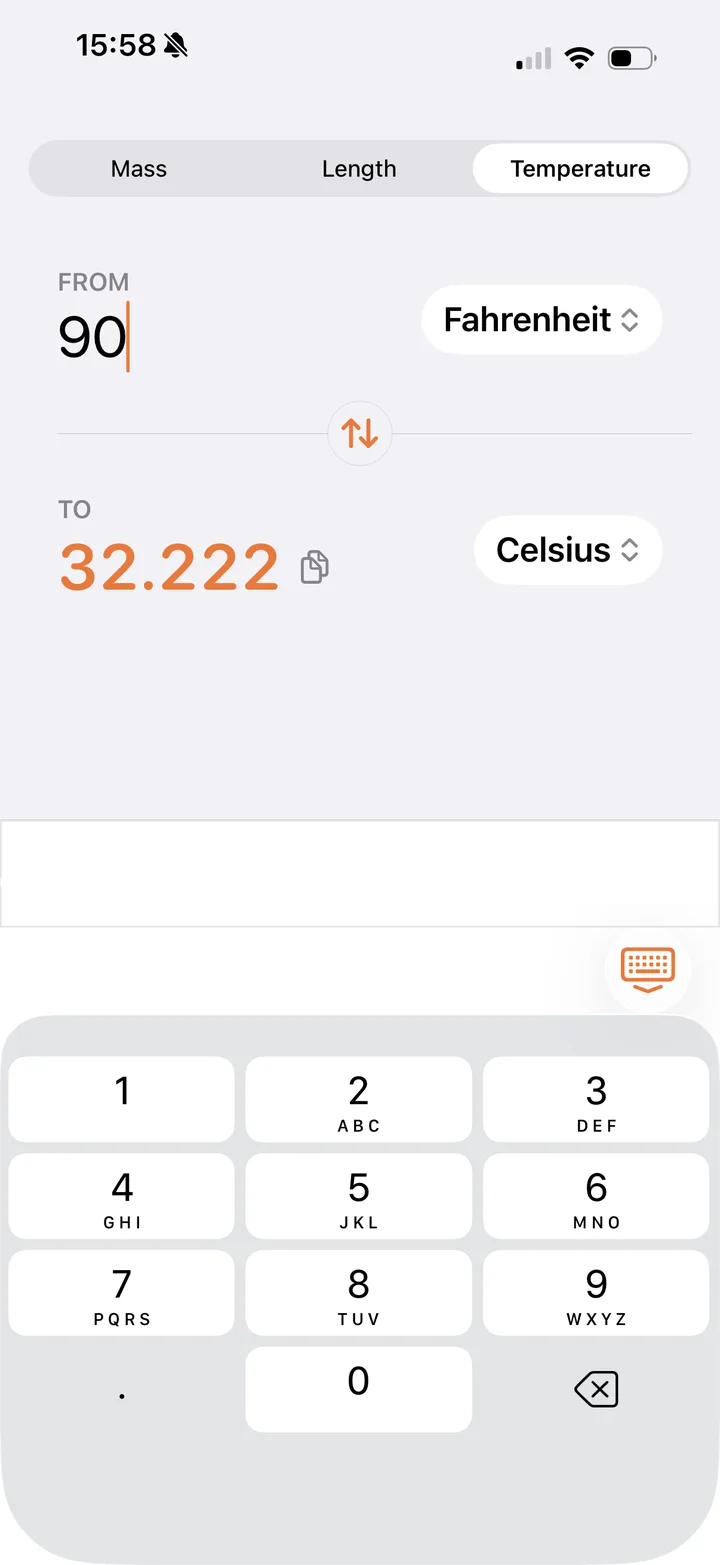 Convert Smart converting 90 Fahrenheit to 32.222 Celsius with tap-to-copy